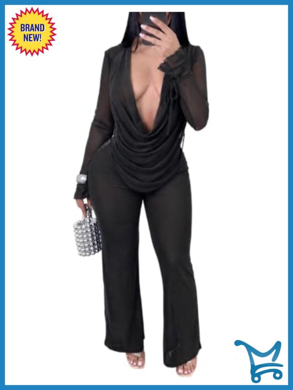 Two Piece Set Cowl Neck Sheer Mesh Top & Wide Leg Pants Club Outfit